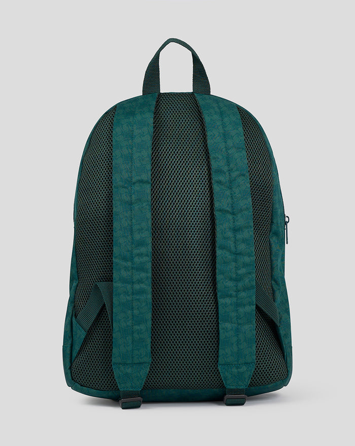 Back view of green Athletic Club backpack showing padded shoulder straps and breathable mesh back panel