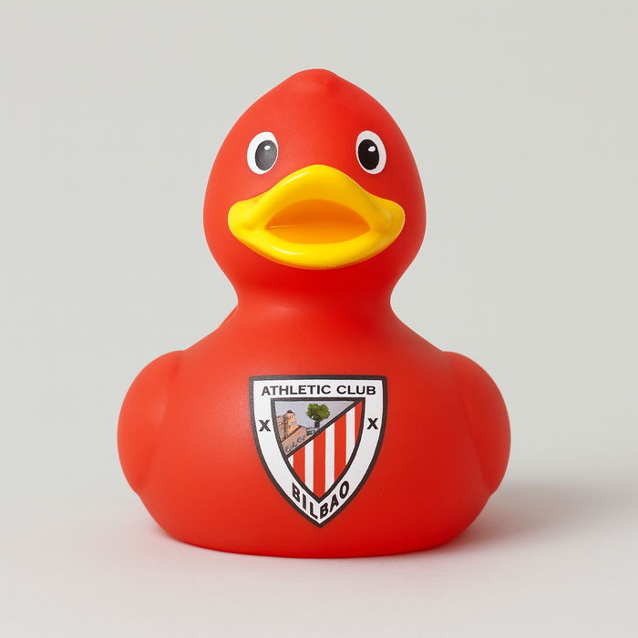 Red rubber duck with Athletic Club Bilbao logo on a light gray background