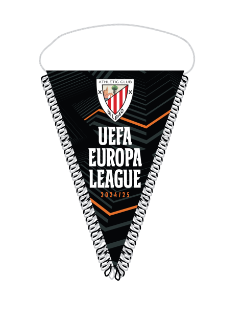 Triangular UEFA Europa League banner flag with crest and silver chain border.