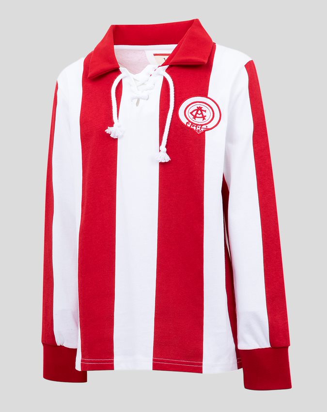 Red and white striped hooded top with lace-up neck and crest on chest