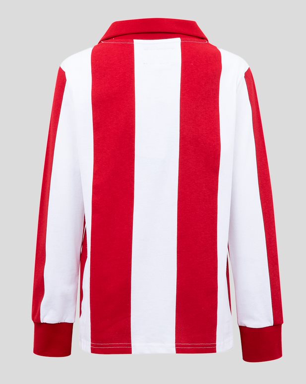 Back view of a red and white striped men's shirt with a red collar and cuffs.