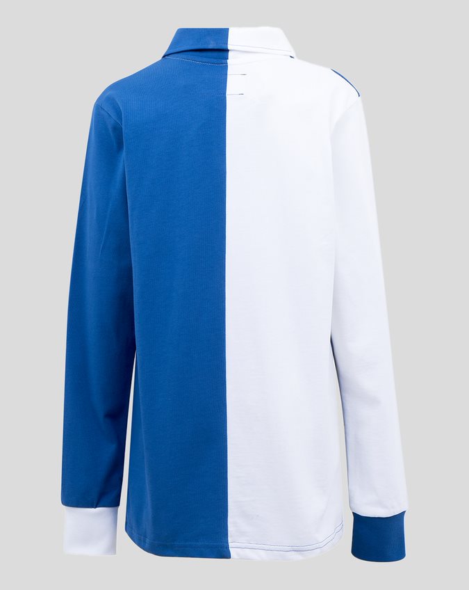 Back view of a blue and white two tone men's polo shirt with a split color block design